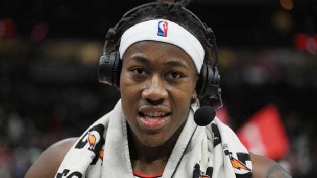 Chicago Bulls guard Ayo Dosunmu during a post game interview after defeating the Brooklyn Nets